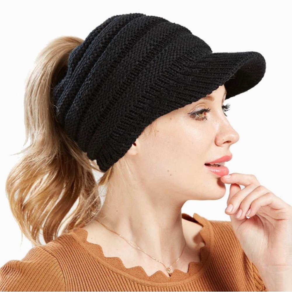 Black Messy Pony Tail Beany Cap/Hat